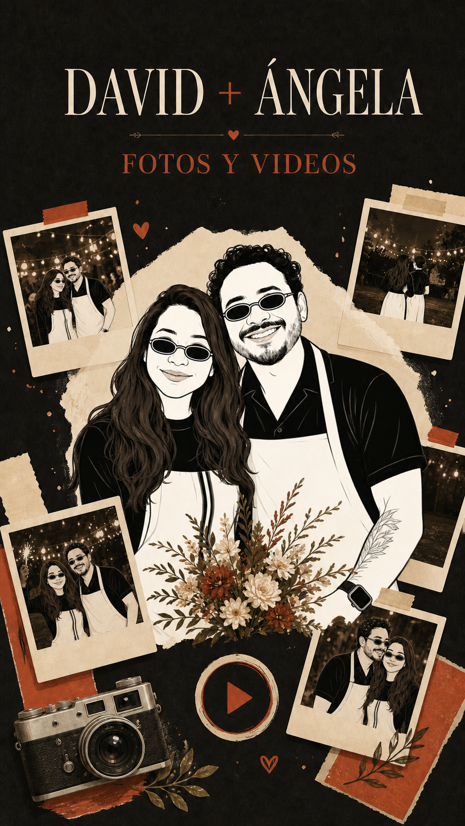Ilustración de David y Ángela rodeados de fotos y videos de su boda